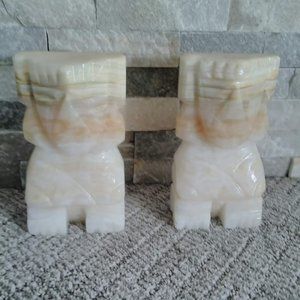 Heavy Hand Carved Onyx Marble Aztec Bookends, Tiki